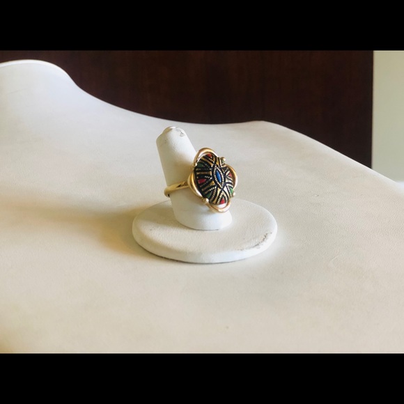 Vintage Black and Gold Glass Cab Colorful Ring - Picture 5 of 5